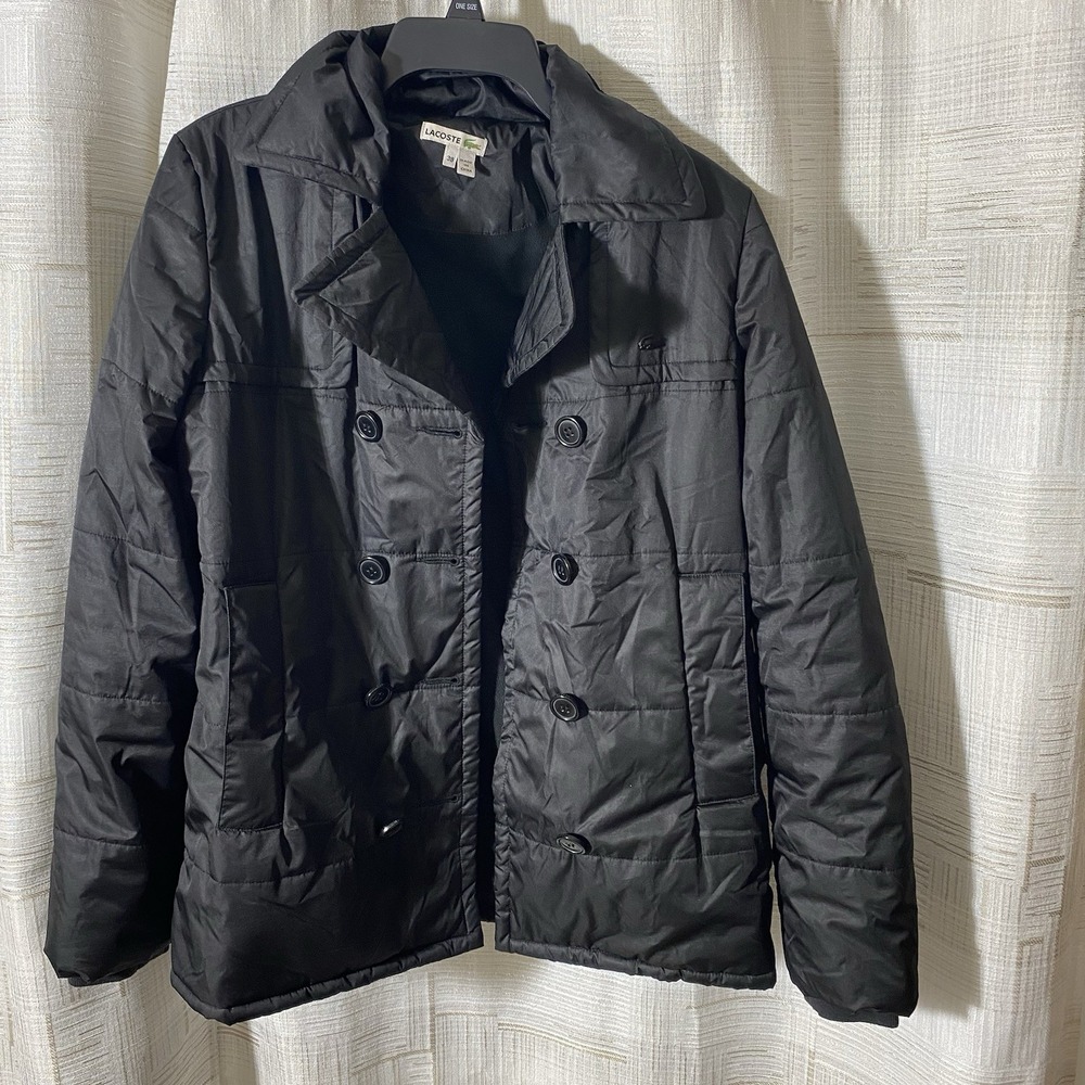 Vintage Lacoste Devanlay Double Breasted Black Jacket Cowl Collar Quilted Sz 38